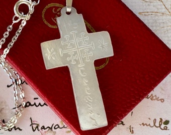 Victorian Mother Of Pearl Cross Pendant Necklace. Engraved Antique Bethlehem Souvenir Cross & Sterling Silver Anchor Chain.