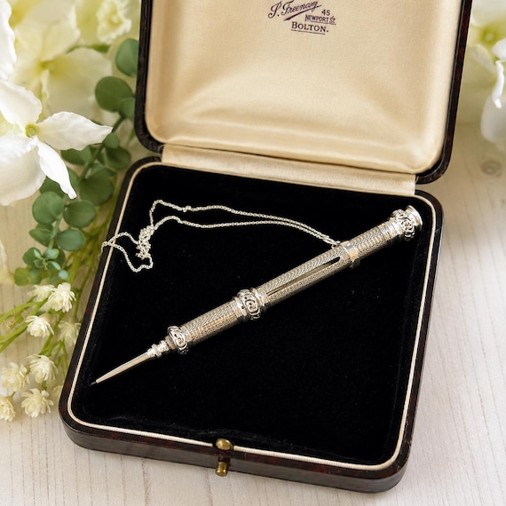 Antique Victorian Sterling Silver Propelling Pencil Pendant, Rare Seal Matrix & Hidden Lead Reservoir c1890