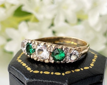 Vintage 9ct Gold Emerald & White Zircon 5 Stone Ring. Edwardian Revival Antique Style Boat Ring. 1960s Half Hoop Cocktail Ring, O/UK, 7/US