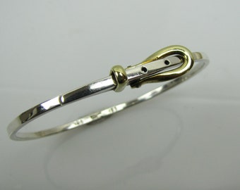Belt Buckle Bangle Bracelet. Sterling Silver & 14K Gold Plated Hinged Bracelet. Stackable Bangle. Victorian Style Bracelet.