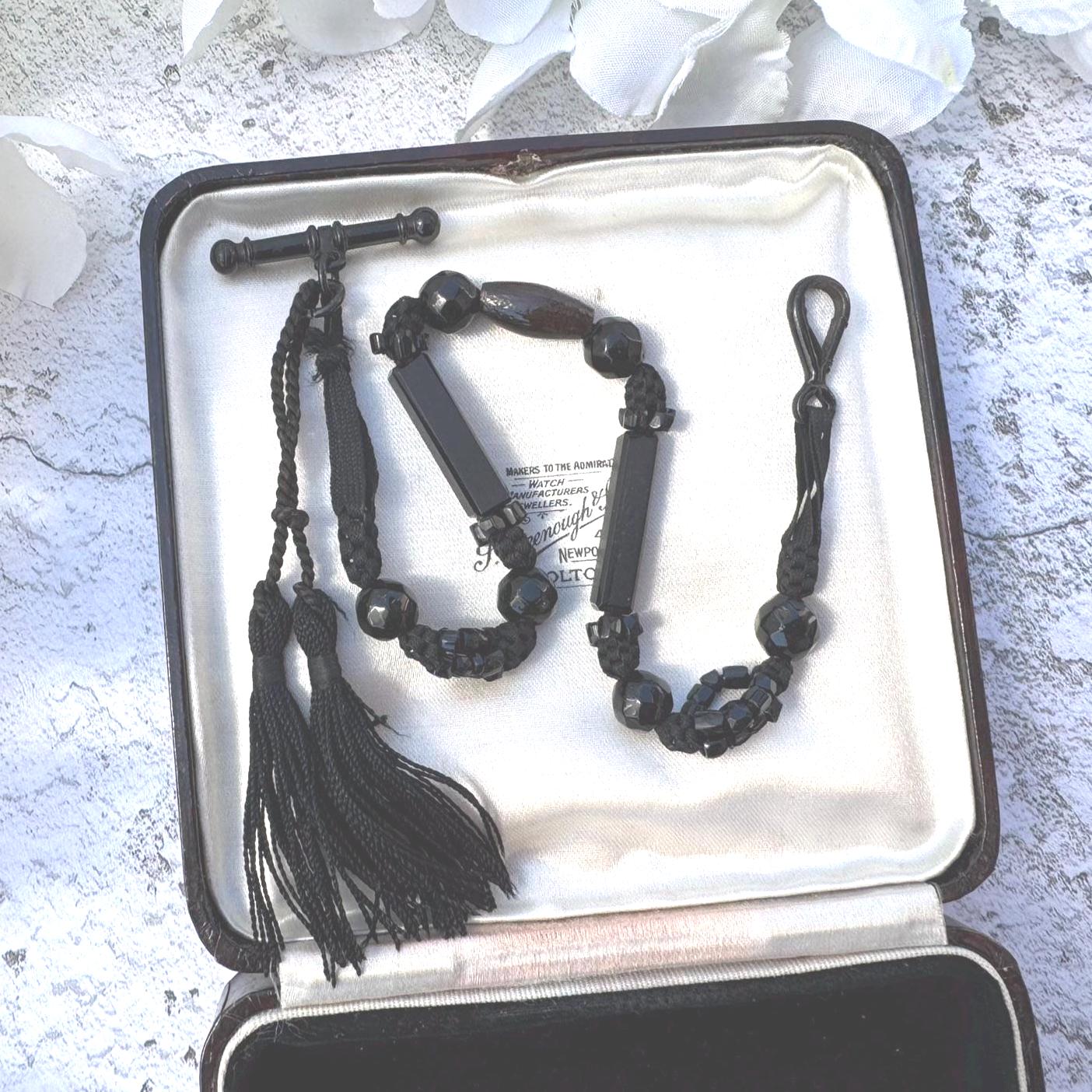 Antique Victorian French Jet Watch Chain With Swivel Clip, T-Bar & Tassel. Albert/Albertina Pocket Watch Chain. Victorian Mourning Jewellery