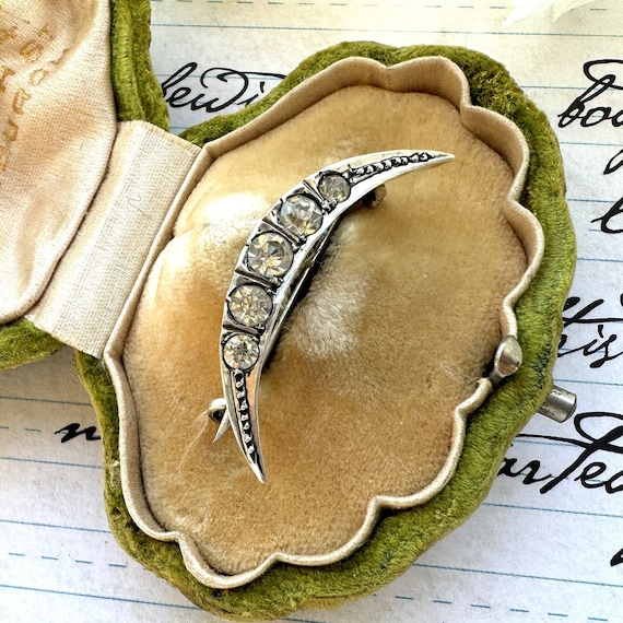 Antique 935 Silver Paste Diamond Crescent Moon Br… - image 2