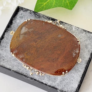 Victorian 9ct Gold & Silver Moss Agate Scottish Brooch. Large Antique Scenic Moss Agate Specimen Brooch. Victorian Scottish Pebble Jewelry
