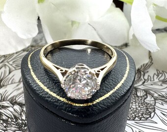 Vintage 9ct Gold 1.50ct White Crystal Solitaire Ring. Art Deco Style Classic Engagement Ring. CZ Simulated Diamond Solitaire Ring, M/6.25