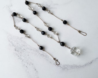Antique 1920s Art Deco Paste Necklace. Black & White Crystal Choker Necklace. Rolled Gold Wire Czech Faceted Glass Bead Lariat Y Necklace