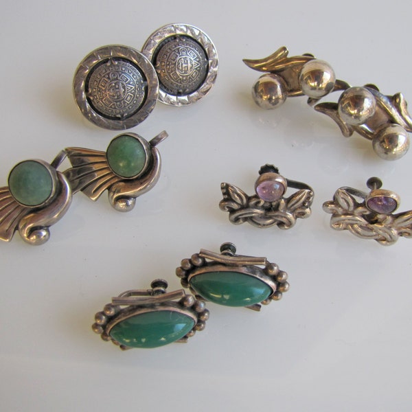 Lot Of Vintage Early Taxco Silver Earrings. Five Pairs Screw Backs. Modernist. Mayan Calendar. Amethyst. Malachite. Blue Green Gemstones