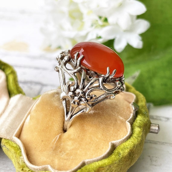 Antique Arts & Crafts Silver Carnelian Floral Rin… - image 2