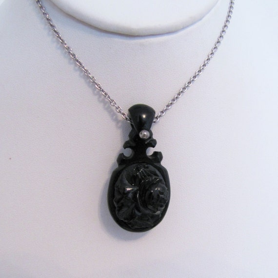 Victorian Whitby Jet Carved Rose Pendant Drop Necklace Antique English Jet Mourning Pendant Silver Belcher Chain Victorian Rose Necklace - 