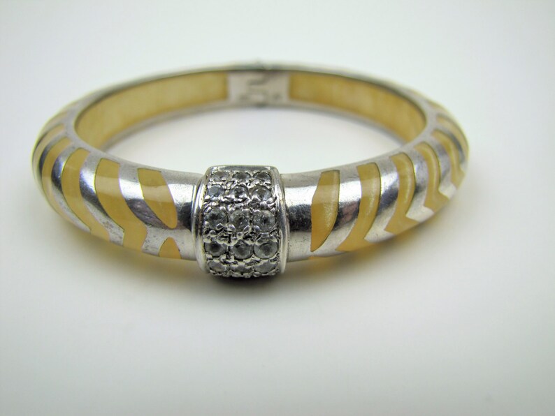 Yellow Resin White Topaz Bracelet Couture Runway Modern Designer Luxury Brand Jewelry. Angelique de Paris Sterling Silver Mata Hari Bangle