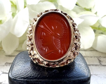 Vintage 9ct Gold Carnelian Roman Intaglio Ring. Gents 1970s Design-Lead Brutalist Statement Ring. Engraved Roman Soldier Large Intaglio Ring