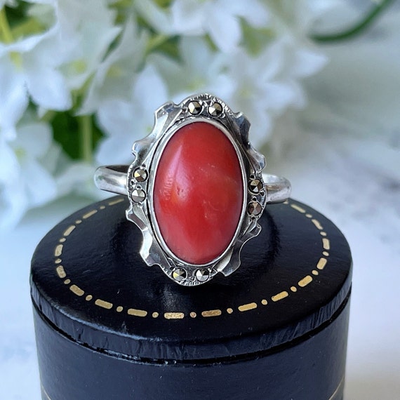 Art Deco Sterling Silver Natural Coral Ring. 1920… - image 2
