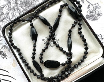 Antique Victorian Black Vauxhall Glass Faceted Bead Necklace. 32" French Jet Opera Necklace. Victorian Mourning Jewellery