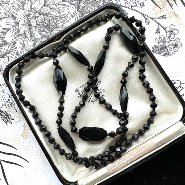 Antique Victorian Black Vauxhall Glass Faceted Bead Necklace. 32" French Jet Opera Necklace. Victorian Mourning Jewellery