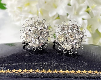 Vintage Sterling Silver Clear Crystal Daisy Earrings. 1940s Screw Back Silver Filigree Earrings. Antique Paste Diamanté Cluster Earrings