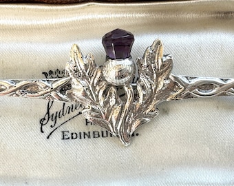 Vintage Glasgow Zilver & Amethist Keltische Distel Grote Bar Broche. Schots sterling zilver Sterling zilveren lange staaf/kiltpin, 1963 kenmerk