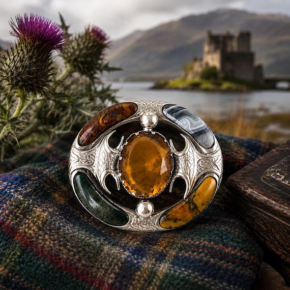 Antique Victorian Scottish Agate Cairngorm Brooch: Gothic Revival Sterling Silver Pebble Jewellery