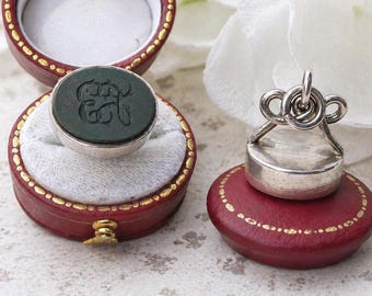 Antique Bloodstone Intaglio Seal Pendant, Early Victorian Silver Fob Charm in the Georgian Style