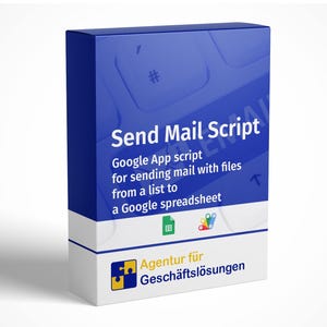 Puede incluir: Una caja de producto con el texto "Send Mail Script" en letras blancas sobre un fondo azul. La caja también incluye el texto "Google App script for sending mail with files from a list to a Google spreadsheet."