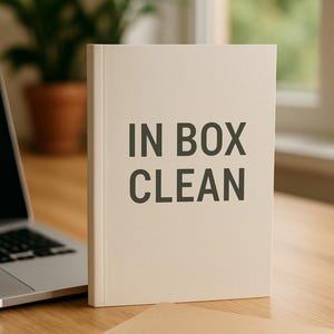 May include: A hardcover book with the text "IN BOX CLEAN" in dark gray letters. A laptop, a spiral notebook, and a pen are on a wooden desk. A potted plant is in the background.