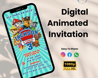 Editable Paw-ty Birthday Invitation Template | Puppy Party Video Invite for Kids | Cute Pup Crew Animated Bday Evite for Boys & Girls