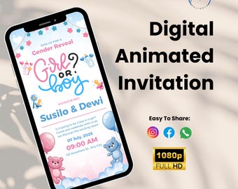 Animated Teddy Bear Gender Reveal Video Invitation – Digital Party Invite