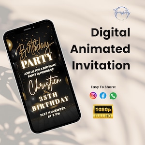 Animated Gold Invite | Luxury Black & Gold Birthday Video Invitation | Digital Evite for 30th 40th 50th Celebration