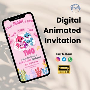 Invito video personalizzato a tema Baby Shark / Invito di compleanno a tema Baby Shark / Invito digitale modificabile per feste