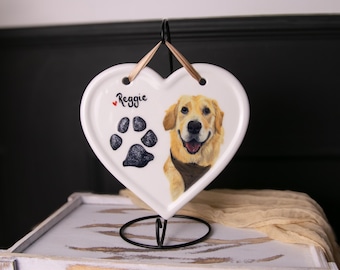 Hand Painted Pet Portrait Heart Plaque with painted paw print interpretation: Custom Ceramic Keepsake