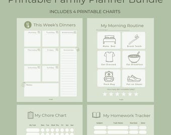 Può includere: Un pacchetto di pianificatore familiare stampabile con quattro grafici. I grafici includono un pianificatore di cene settimanali, una lista di controllo della routine mattutina, un grafico delle faccende e un tracker dei compiti. Il testo include "Printable Family Planner Bundle".