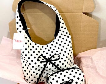 Zestaw torba typu tote w kropki i kosmetyczka | Woskowane płótno, wodoodporne pudełko prezentowe | Ręcznie robiony zestaw organizerów podróżnych | Zestaw pasujących torebek dla kobiet