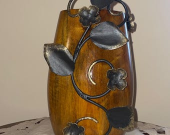 Handmade Solid Walnut Vase with Wrought Iron Floral Detail – For Fresh or Dried Flowers