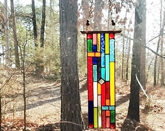 Stained Glass Window  - glass panel suncatcher - stained glass panel - abstract rainbow glass - gift for her - hanging panel