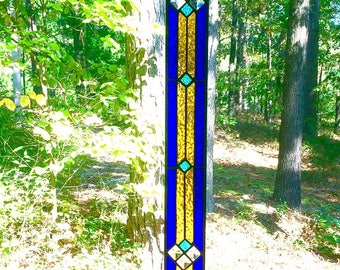 Stained Glass Window - stained glass panel - glass panel suncatcher - abstract glass design - cobalt blue and gold - gift for her