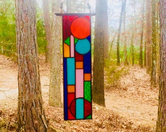 Stained Glass Panel - gift for her - glass panel suncatcher - hanging glass window - stained glass art - glass rainbow - red/blue - birthday