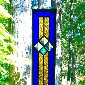Stained Glass Window stained glass panel glass panel suncatcher abstract glass design cobalt blue and gold gift for her image 2