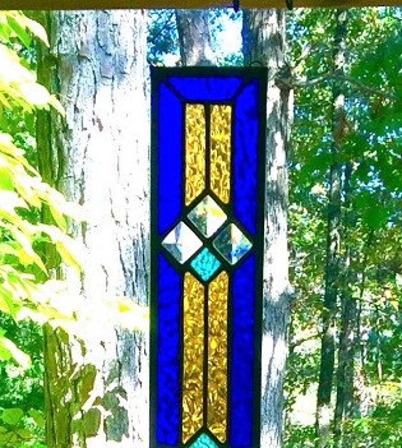 Stained Glass Window stained glass panel glass panel suncatcher abstract glass design cobalt blue and gold gift for her image 2