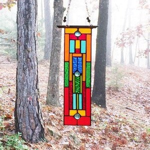 Stained Glass Window - stained glass panel - glass panel suncatcher - abstract glass panel - red and yellow glass - gift for her - birthday