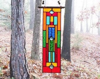 Stained Glass Window - stained glass panel - glass panel suncatcher - abstract glass panel - red and yellow glass - gift for her - birthday