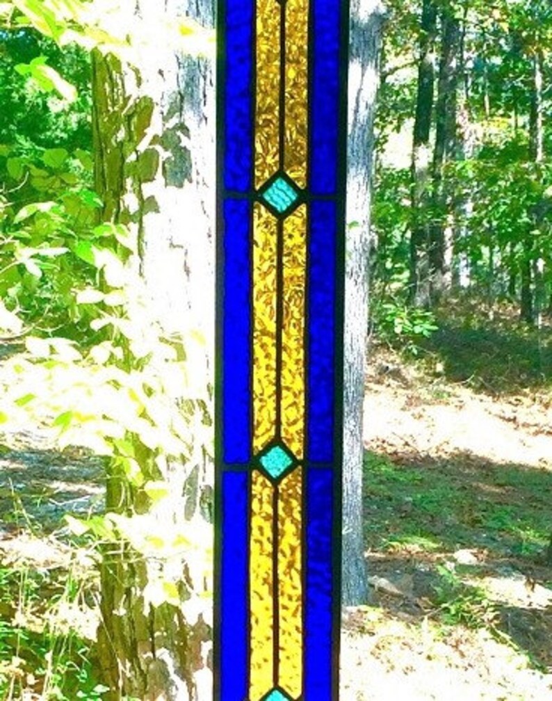 Stained Glass Window stained glass panel glass panel suncatcher abstract glass design cobalt blue and gold gift for her image 3