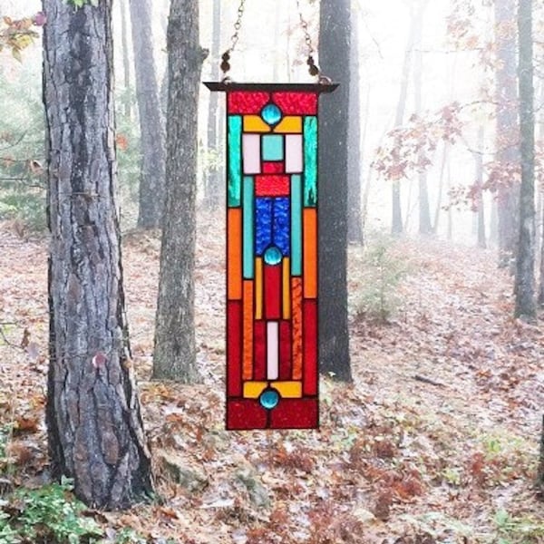 Stained Glass Panel - stained glass window - glass panel suncatcher - abstract glass panel - red and yellow glass - gift for her - birthday
