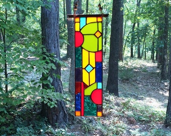 Stained Glass Panel - stained glass window - glass panel suncatcher - abstract glass panel - green and red glass - gift for her - birthday