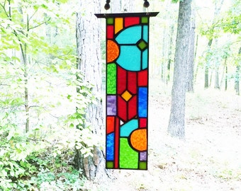 Stained Glass Panel - stained glass window - glass panel suncatcher - abstract glass panel - glass rainbow - red/blue - turquoise glass