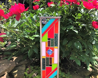 Stained Glass Garden Art - glass garden yard art - garden glass ornament - flower garden suncatcher - gift for gardener - garden stake