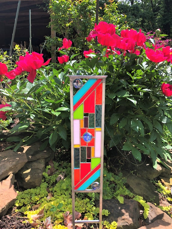 Stained Glass Garden Art Glass Garden Yard Art Garden Etsy