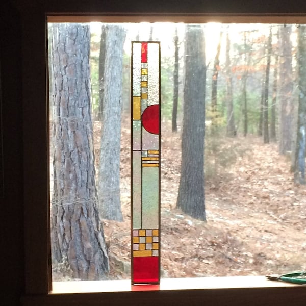 Stained Glass Window - glass panel suncatcher - stained glass panel - clear and red glass - gift for her - craftsman glass panel