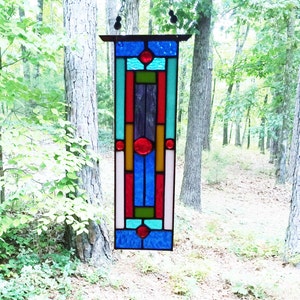 Stained Glass Panel - stained glass window - glass panel suncatcher - abstract glass panel - blue/red glass - gift for her - birthday
