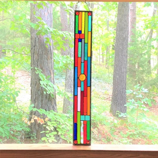 Stained Glass Window - stained glass panel - glass panel suncatcher - abstract rainbow glass -gift for her - hanging glass panel