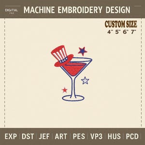 Patriotic Cocktail Glass Machine Embroidery Design, 4th of July Drink Pattern, Independence Day Stitch File