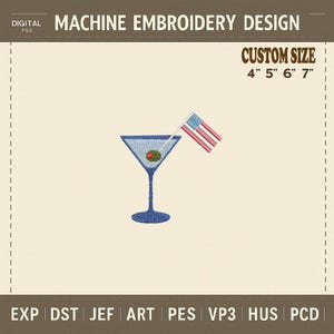 Martini Glass with Flag Machine Embroidery Design, Patriotic Cocktail Pattern, USA Party Stitch File