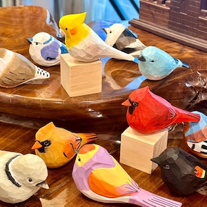 Handmade Carved And Painted Wooden Bird Statues, Personalized Engraving Gift, Gift For Bird Lovers,Chubby Birds Hanging, Bird Home Decor